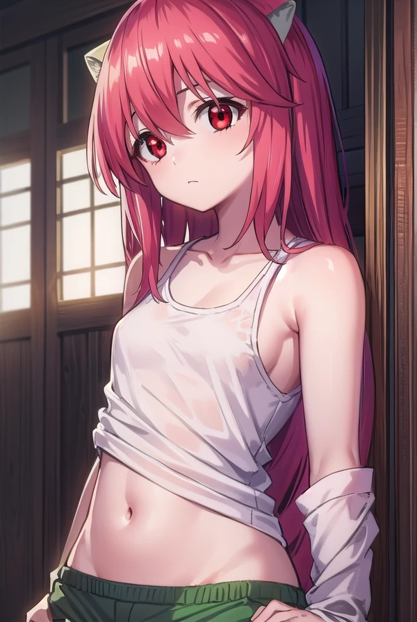 elfenliednyuu, <lora:elfen lied nyuu-lora-nochekaiser:1>,
nyuu, long hair, (red eyes:1.3), pink hair, horns, (small breasts:1.2),
BREAK shorts, tank top, (green shorts:1.5),
BREAK indoors,
BREAK looking at viewer, (cowboy shot:1.5),
BREAK <lyco:GoodHands-beta2:1>, (masterpiece:1.2), best quality, high resolution, unity 8k wallpaper, (illustration:0.8), (beautiful detailed eyes:1.6), extremely detailed face, perfect lighting, extremely detailed CG, (perfect hands, perfect anatomy),