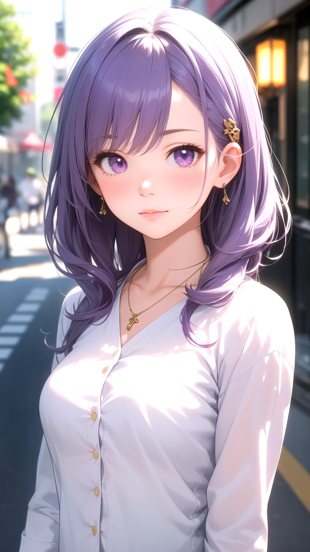 (masterpiece, best quality), intricate details, 1girl, light purple hair, medium breasts, (white shirt with button:1.1), hairpin, necklace, blush, sidewalk, detailed face, (portrait:1.4)