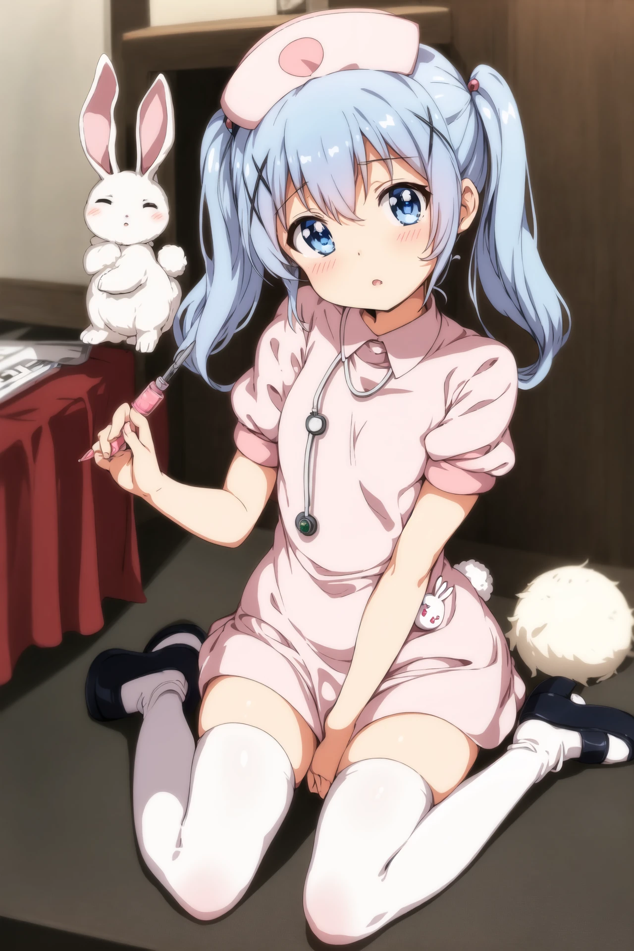 ogipote, 1girl, solo, long hair, looking at viewer, blush, open mouth, bangs, blue eyes, hair ornament, thighhighs, hat, dress, holding, hair between eyes, twintails, sitting, blue hair, full body, short sleeves, sidelocks, parted lips, shoes, hairclip, black footwear, white thighhighs, zettai ryouiki, head tilt, animal, short dress, x hair ornament, pink dress, covering, :<, rabbit, nurse cap, chestnut mouth, nurse, pink headwear, covering crotch, triangle mouth, syringe, oversized object, clipboard, shirt tug, stethoscope, dress tug, angora rabbit, thermometer, kafuu chino, tippy (gochiusa)