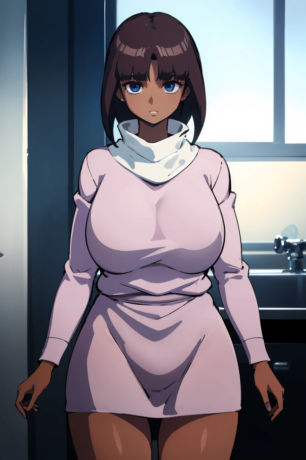 (masterpiece, high quality, highres:1),1girl,solo,<lora:tifa-gundamx-v2-wasabiya_1:1>,tifax,brown hair,blue eyes,pink dress,turtleneck,<lora:darkskin-v2-wasabiya:1>,dark-skinned female,huge breasts,very dark skin,