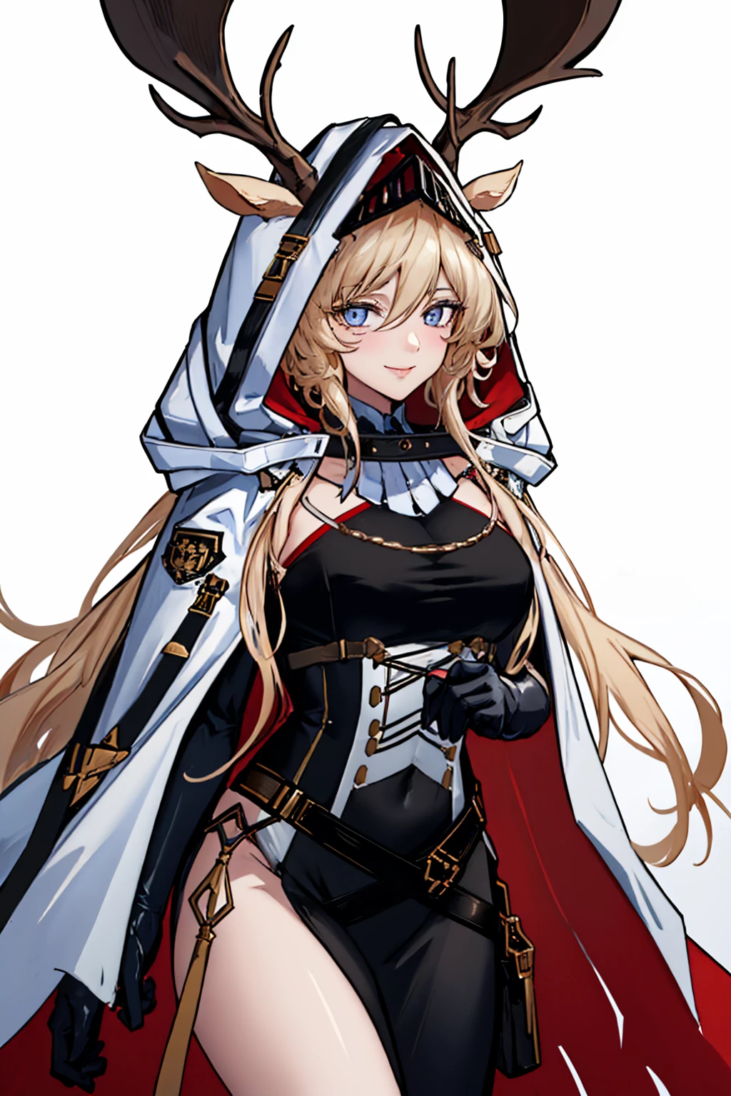((best quality)), absurdres, ((ultra high res)), kaela kovalskia, a woman in white dress and black coat, red eyes, blonde hair, gloves, extremely detailed, 8k, masterpiece,