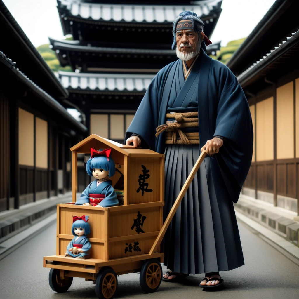 <lora:pushcart_v1:0.7>, 66 years beard old man, standing, full body, outdoors, sky, day, wide sleeves, blunt bangs, blue kimono, blurry, black eyes, red bow, dated, tree, sash, headband, facial hair, holding sword, blue obi, sandals, ground vehicle, building, blue hair, doll, box, hakama skirt, lantern, doll, mustache, geta, road, haori, architecture, paper lantern, shop, blue hakama, samurai, black hakama, barrel, pushcart, wooden cart