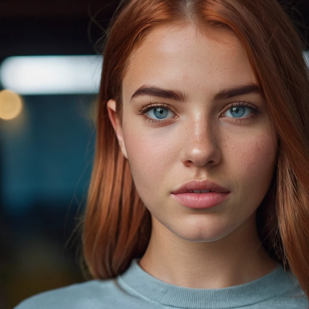 (Very close shot, zoomed in close-up face portrait:1.5) photo of a frowning, (closed mouth:1.5) happy pretty toned young 18 year old Venezuelan woman with short straight bohemian red hair, light blue large eyes, round face, round nose, strong jaw, large mouth, straight brows, small chin, (large breasts:1.3), big ass.
looking towards the camera. Modern style, inside a dining room , garage with laminate visible through window, night, overcast.
cinematic lighting, vibrant colors, detailed skin texture, detailed cloth texture, beautiful detailed perfect face, intricate sharp details, ultra high res