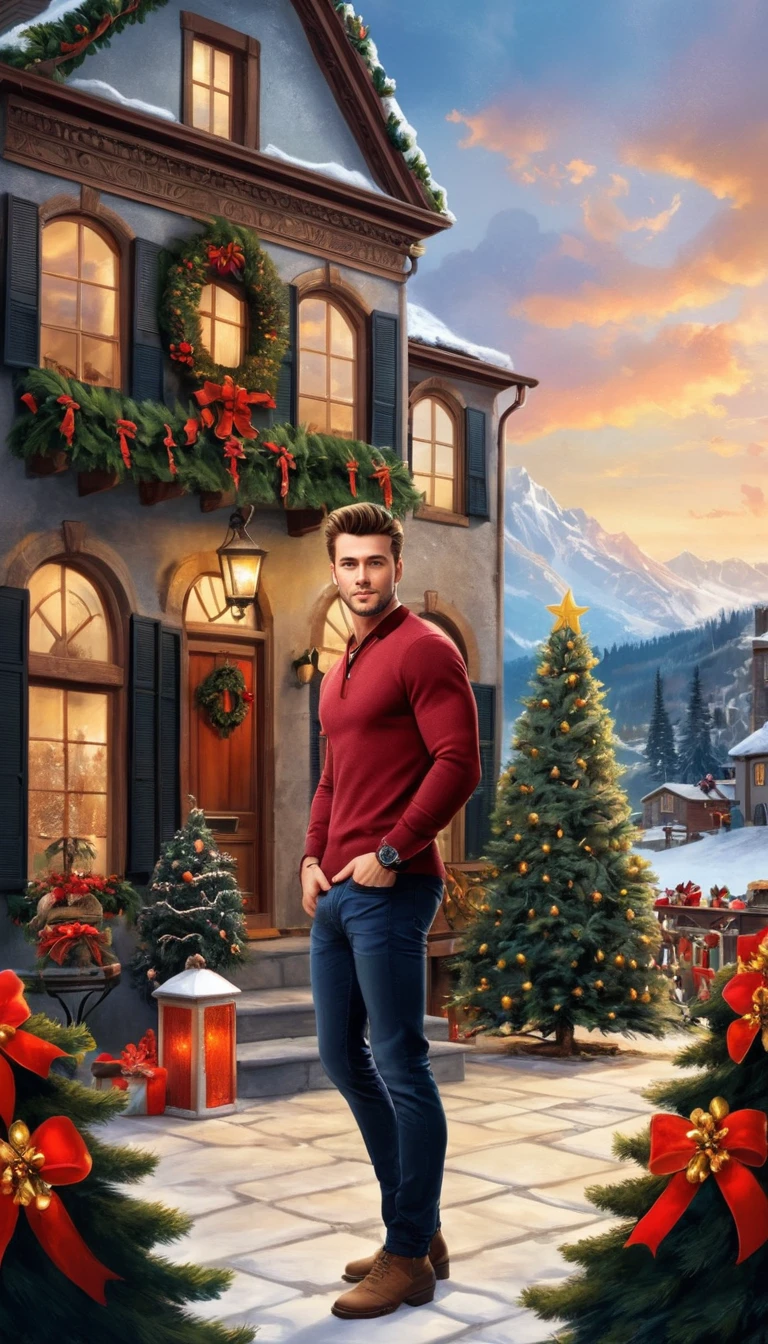 A handsome guy standing in front of a house, scenery, detailed background, masterpiece, best quality, high quality, absurdres, xmas <lora:xmas_xl_v1:1>