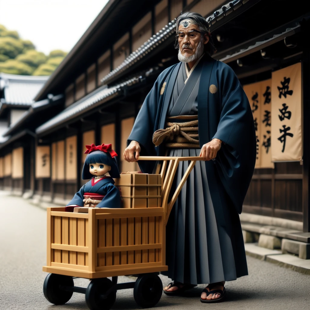 <lora:pushcart_v1:0.7>, 66 years beard old man, standing, full body, outdoors, sky, day, wide sleeves, blunt bangs, kimono, blurry, black eyes, red bow, dated, tree, sash, headband, facial hair, holding sword, blue obi, sandals, ground vehicle, building, doll, box, hakama skirt, lantern, doll, mustache, geta, road, haori, architecture, paper lantern, shop, blue hakama, samurai, black hakama, barrel, pushcart, wooden cart
