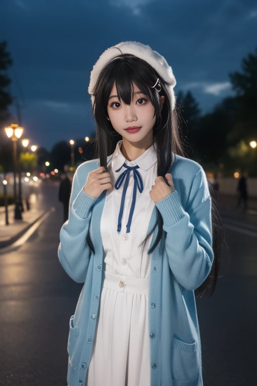 ltra-detailed,highly detailed,best quality,masterpiece,illustration,realistic,
yukinoshita yukino, 1girl, solo, cosplay,upper body,
long hair, bangs,hair between eyes,ahoge, hair ribbon,
neck ribbon, short cardigan, collared dress,long dress, sleeves past wrists, hat,
looking at viewer, standing,
outdoors, photo background, street, sky, depth of field, building, cloud, lamppost, night, starry sky, shooting star,
<lora:yukinoshita yukino_yhz_v1_02:0.7>