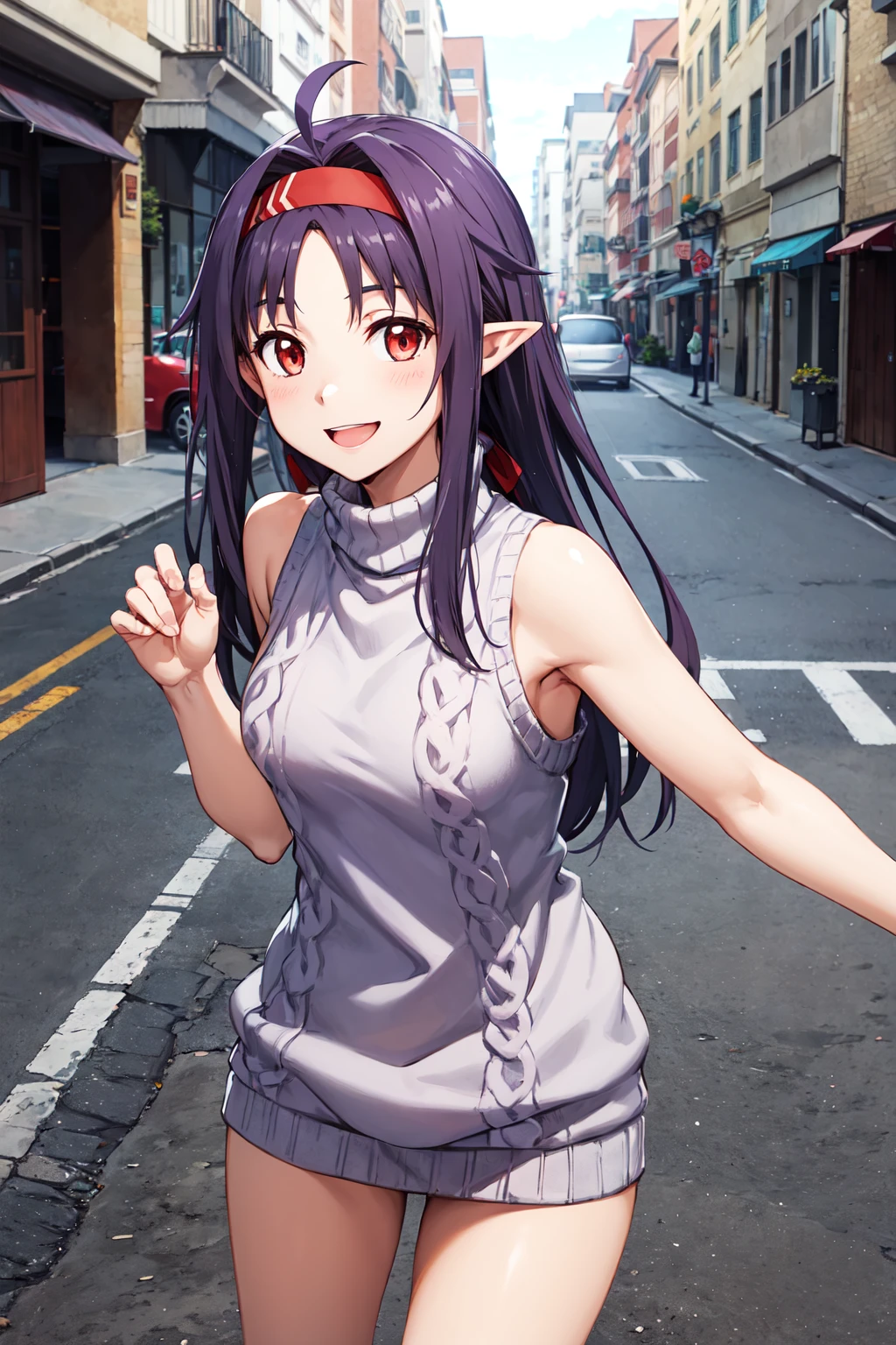 masterpiece,best quality,highres,ultra-detailed,yuuki \(sao\),pointy ears,long hair,ahoge,red hairband,<lora:yuuki _(sao):0.8>,(sweater:1.2),turtleneck,street,smile,standing,(sleeveless:1.2),cowboy shot,