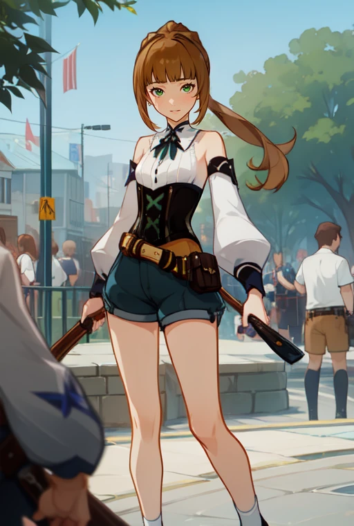 (masterpiece, best quality),(depth) of (field),  <lora:Ellin_GenshinImpactNPC:0.8> green_eyes, brown_hair, detached_sleeves, blunt_bangs, pony_tail, corset, belt, white_shirt, shorts,  <lora:GenshinTCG:0.7>, adult