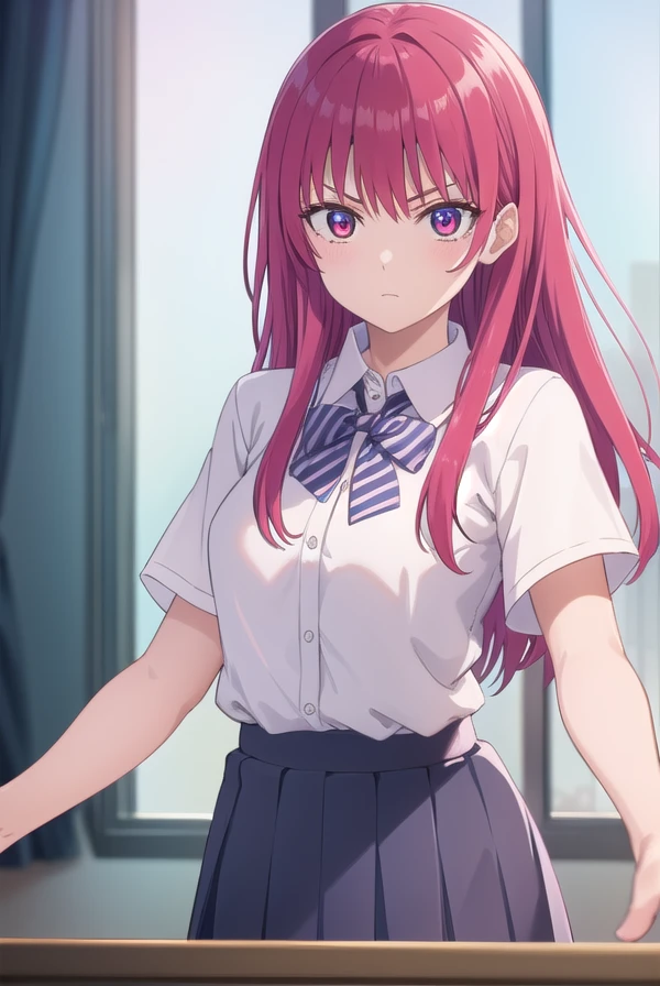 sakisaki, <lora:saki saki s2-lora-nochekaiser:1>,
saki saki, long hair, bangs, (red eyes:1.3), red hair,
BREAK skirt, shirt, bow, school uniform, white shirt, short sleeves, pleated skirt, bowtie, blue skirt,
BREAK indoors, classroom,
BREAK looking at viewer, (cowboy shot:1.5),
BREAK <lyco:GoodHands-beta2:1>, (masterpiece:1.2), best quality, high resolution, unity 8k wallpaper, (illustration:0.8), (beautiful detailed eyes:1.6), extremely detailed face, perfect lighting, extremely detailed CG, (perfect hands, perfect anatomy),