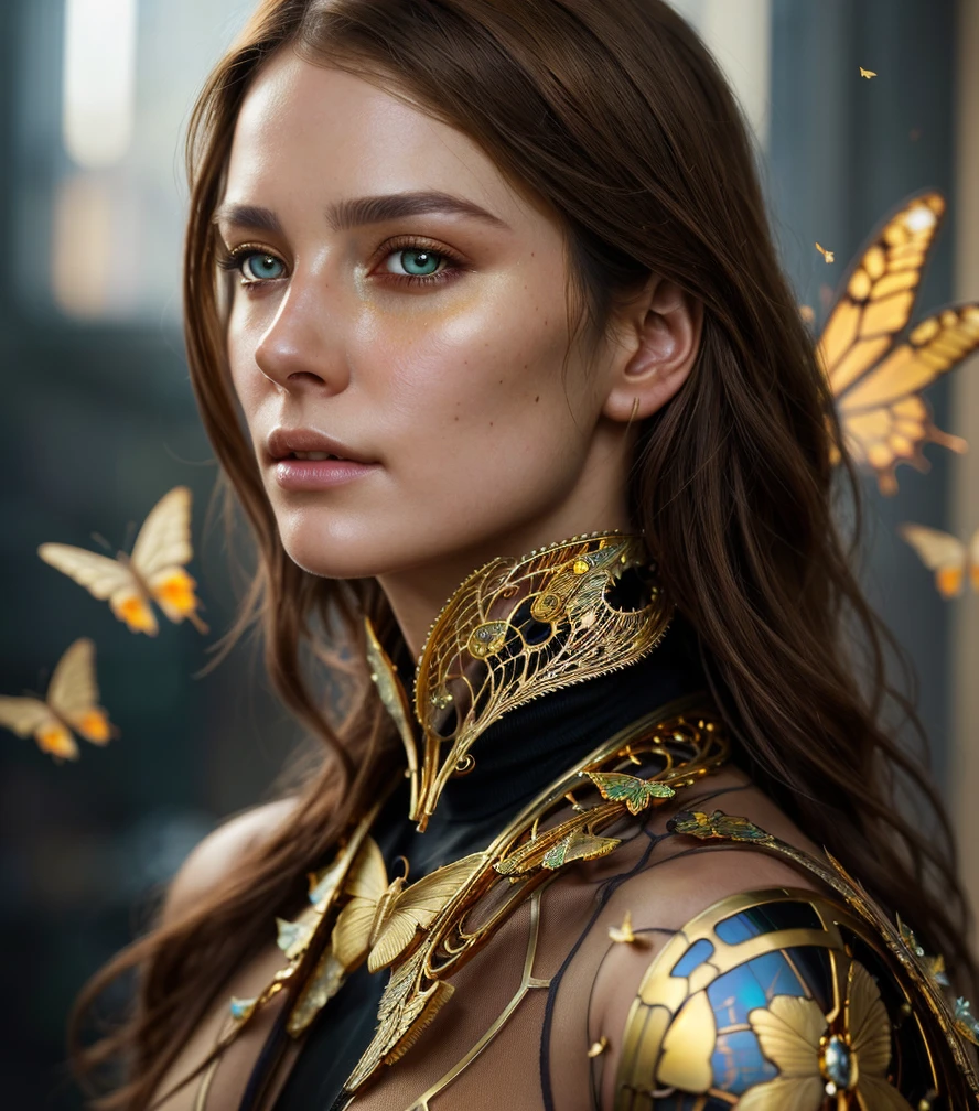 photo, 8k portrait of beautiful cyborg with brown hair, intricate, elegant, highly detailed, majestic, digital photography, art by artgerm and ruan jia and greg rutkowski surreal painting gold butterfly filigree, broken glass, (masterpiece, side lighting, finely detailed beautiful eyes: 1.2), hdr, realistic, high definition<lora:ornate:1.99>