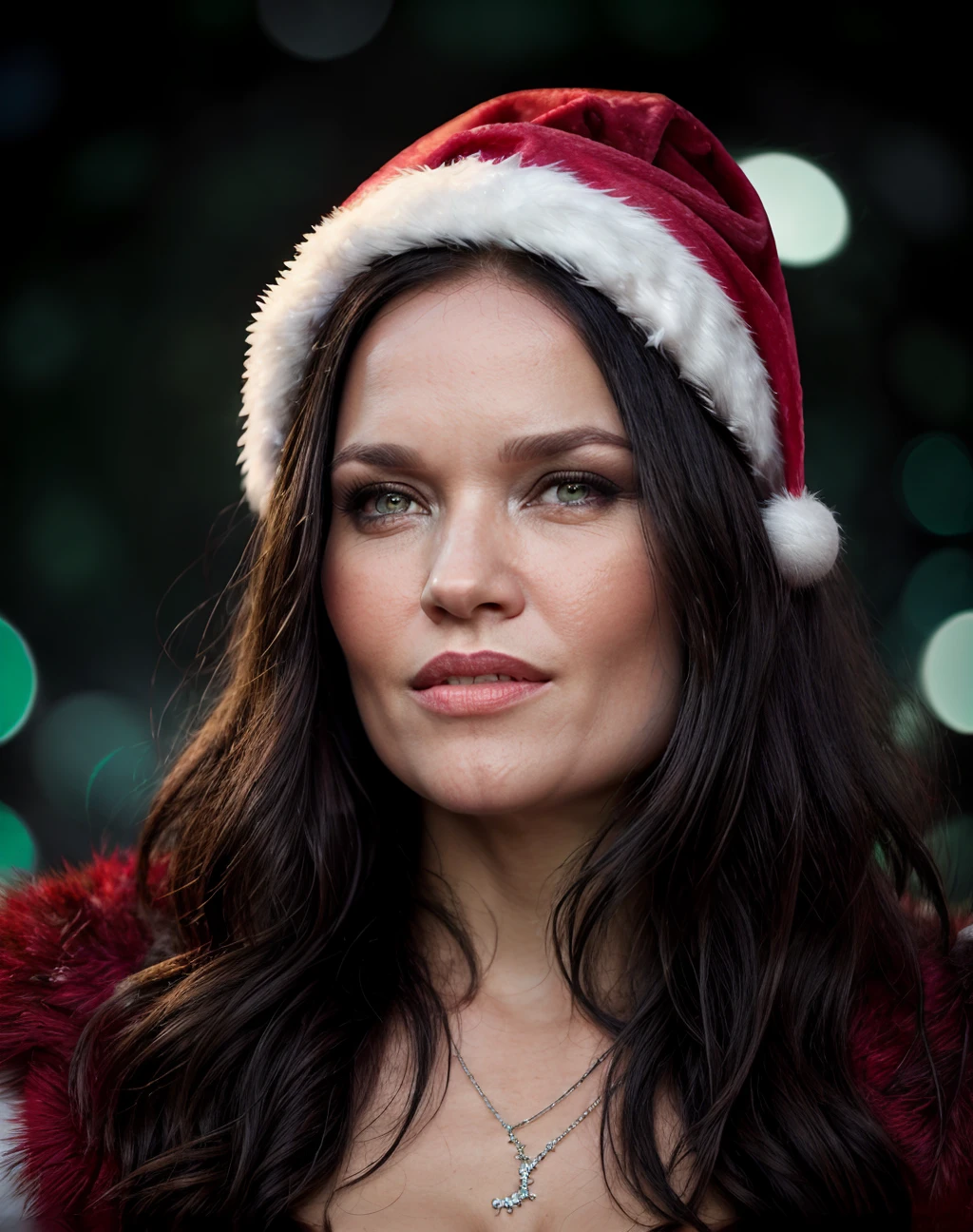 cinematic film still <lora:quiron_TarjaTurunen_v6_Lora:1>  TarjaTurunenQuiron woman, 
(a woman  wearing christmas costume),
Christmas atmosphere, realistic, green, black, (simple background:1.5) , (black:1.1), (double exposure art:1.5):3], [a woman with (Santa hat:1.2) : Green Santa with a huge smile: 4], magnificent,  epic, majestic, magical,   dreamy, christmas tree, snowing, red lights, fireflies,    . shallow depth of field, vignette, highly detailed, high budget Hollywood movie, bokeh, cinemascope, moody, epic, gorgeous, film grain, grainy