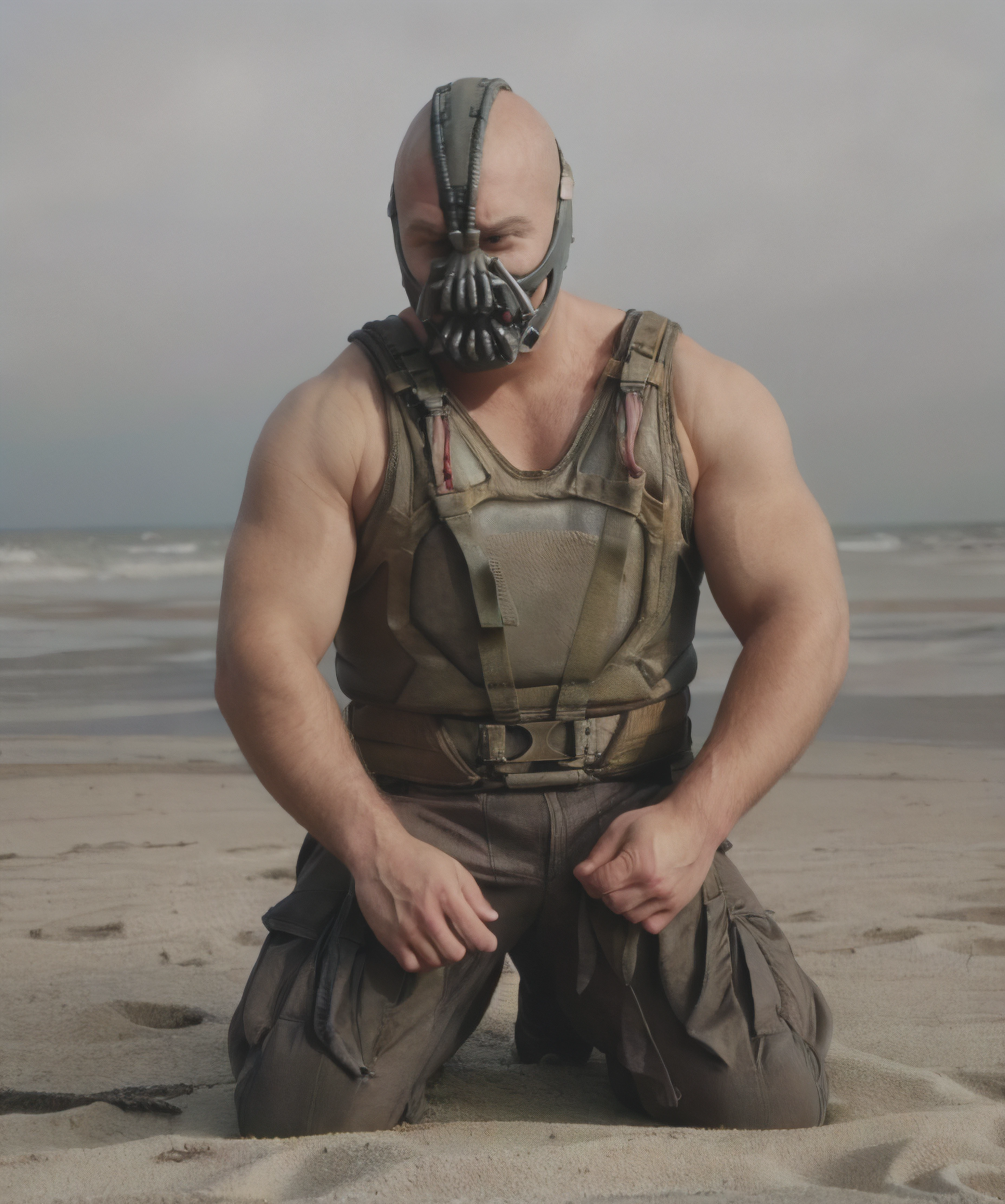 NSFW (male mummy with big penis) full body, standing on a deserted beach