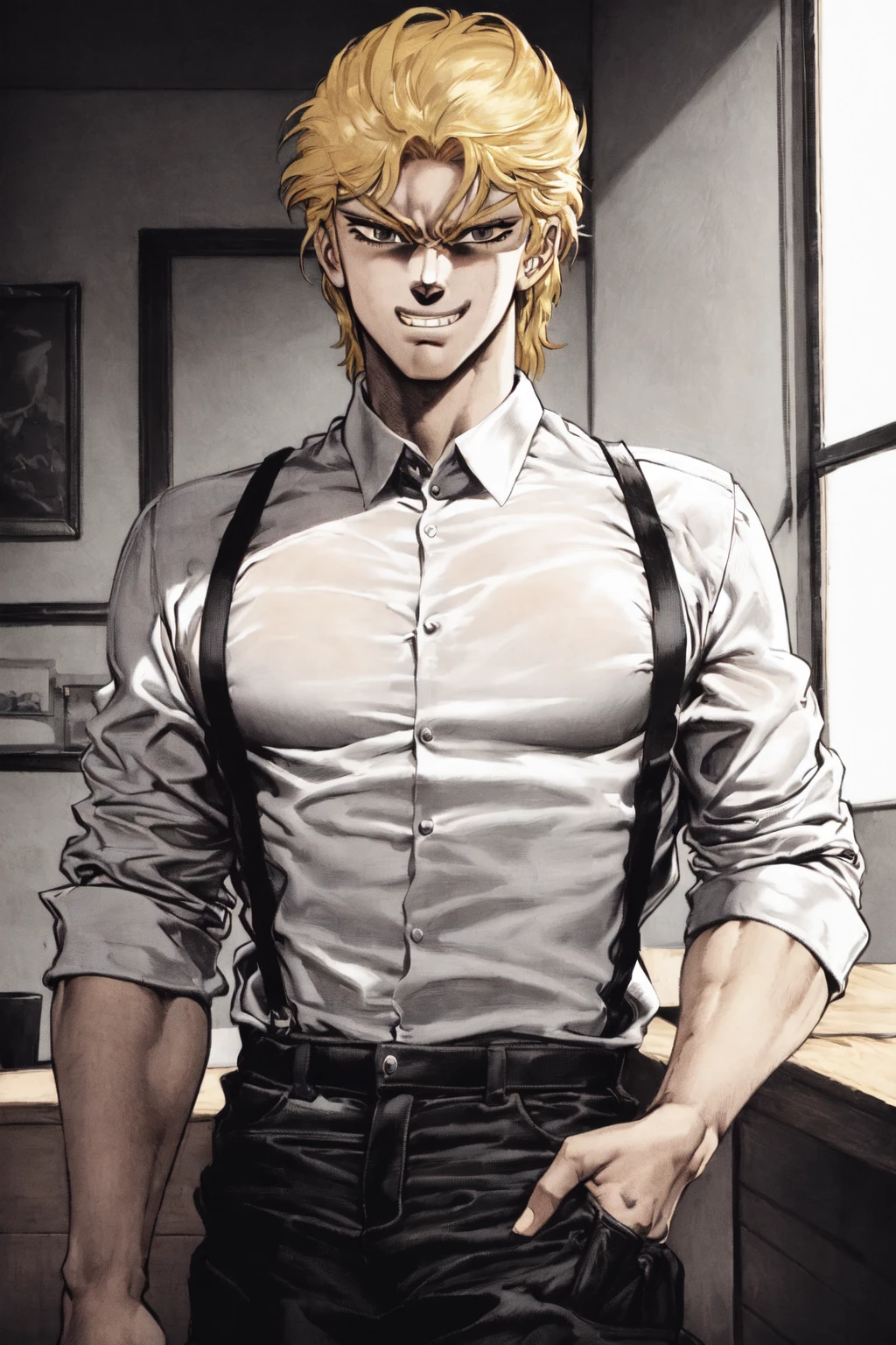 <lora:JOJO'S_BIZARRE_ADVENTURE_Part1and2_ComicStyle-000055:0.8:lbw=outall>
1boy, dio brando, shirt, grin, upper body,, (best quality, masterpiece:1.3)