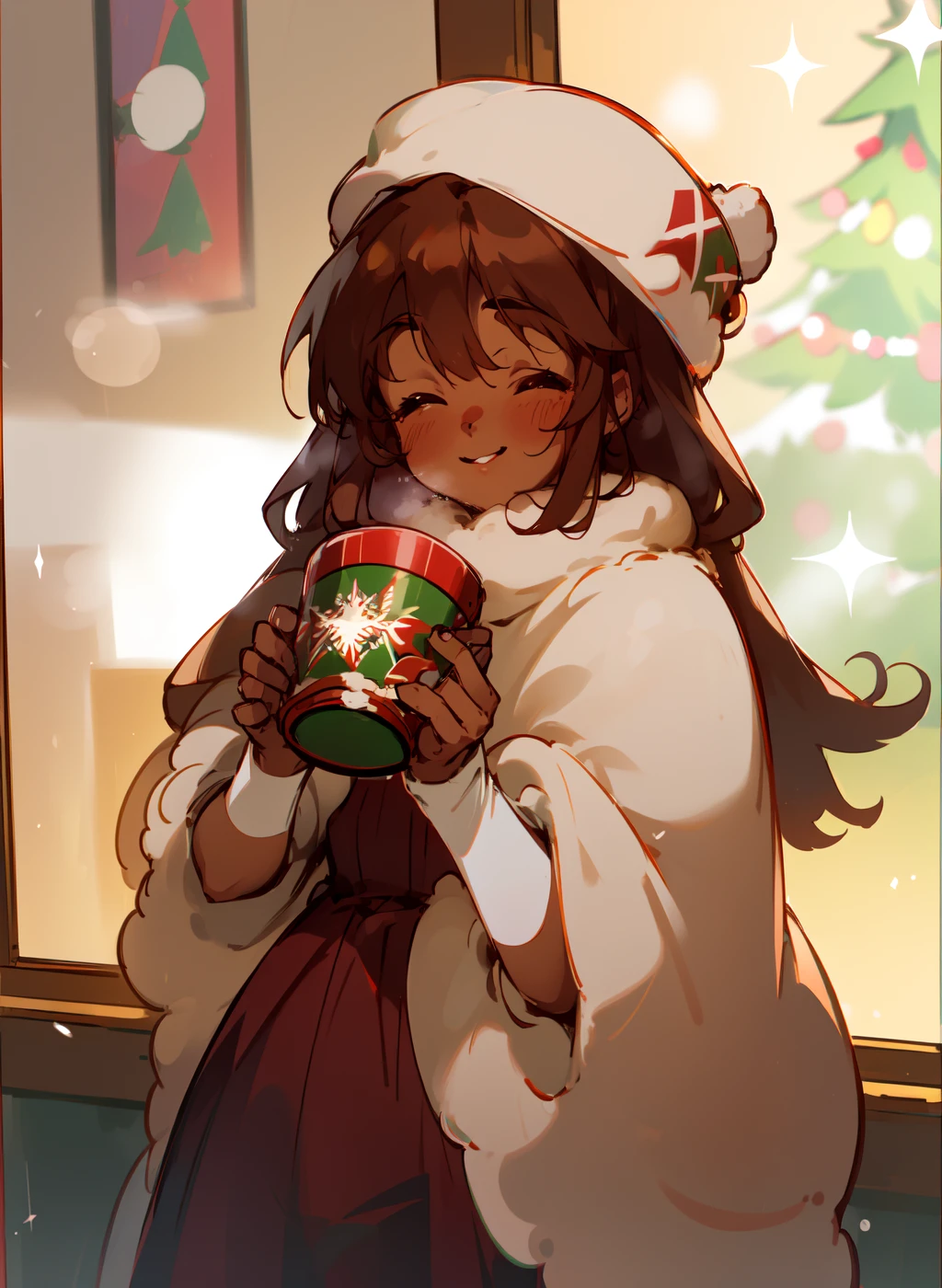 cocoacookie smiling, holding mug of cocoa, bokeh, sparkles, warm smile, blush, full lips, chubby, dark skin, christmas party, christmas tree, standing by window, detailed background, frosty windows, snow <lora:cocoacookie_v1.3:1>