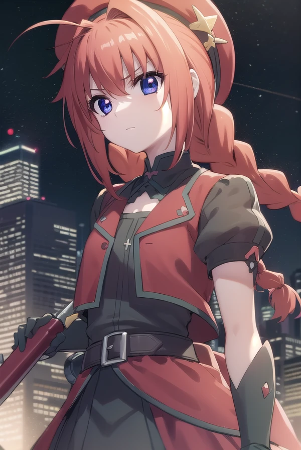 magicalgirlvita, <lora:vita movie2-lora-nochekaiser:1>,
vita, blue eyes, braid, ahoge, red hair, twin braids, rabbit hair ornament,
BREAK gloves, hat, dress, weapon, open clothes, open jacket, magical girl, red dress, cropped jacket, hammer,
BREAK outdoors, city, sky, night, starry sky, star \(sky\), moon,
BREAK looking at viewer, (cowboy shot:1.5),
BREAK <lyco:GoodHands-beta2:1>, (masterpiece:1.2), best quality, high resolution, unity 8k wallpaper, (illustration:0.8), (beautiful detailed eyes:1.6), extremely detailed face, perfect lighting, extremely detailed CG, (perfect hands, perfect anatomy),
