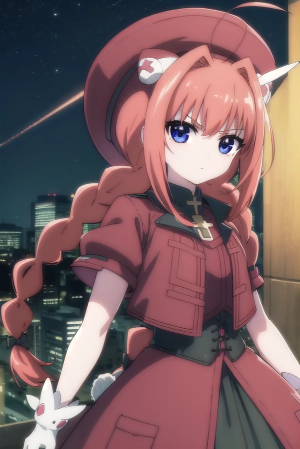 magicalgirlvita, <lora:vita movie2-lora-nochekaiser:1>,
vita, blue eyes, braid, ahoge, red hair, twin braids, rabbit hair ornament,
BREAK gloves, hat, dress, weapon, open clothes, open jacket, magical girl, red dress, cropped jacket, hammer,
BREAK outdoors, city, sky, night, starry sky, star \(sky\), moon,
BREAK looking at viewer, (cowboy shot:1.5),
BREAK <lyco:GoodHands-beta2:1>, (masterpiece:1.2), best quality, high resolution, unity 8k wallpaper, (illustration:0.8), (beautiful detailed eyes:1.6), extremely detailed face, perfect lighting, extremely detailed CG, (perfect hands, perfect anatomy),