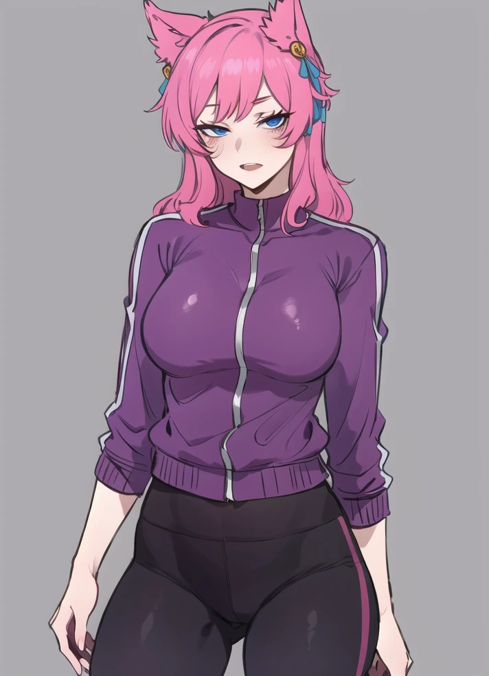 1girl, standing, solo, simple_background, fully clothed, jacket, yoga_pants, shirt,
<lora:homebrew_ratatatat_spiritahri:0.7>