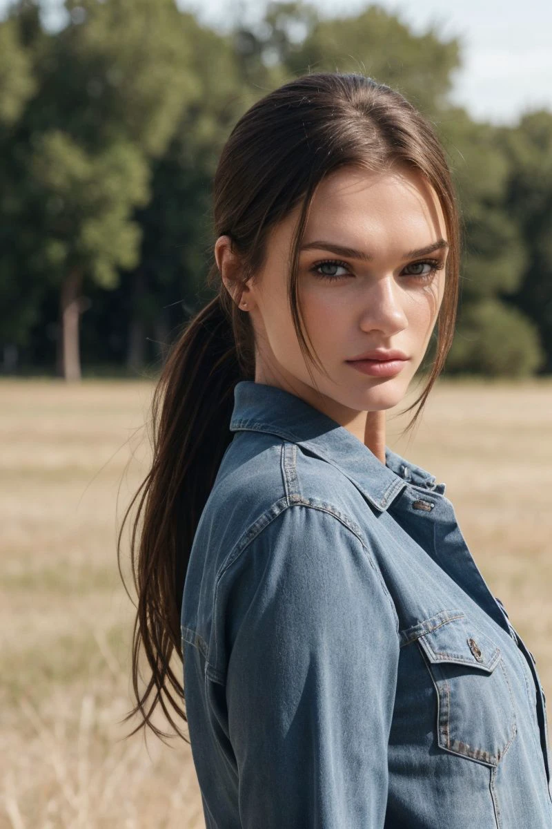 closeup headshot of S252_GretaBrooks,a beautiful woman,on a (field:1.1),wearing a (shirt:1.1),ponytail,(4k, RAW photo, best quality, depth of field, ultra high res:1.1),(absurdres, intricate, photorealistic, masterpiece, ultra-detailed:1.2),
