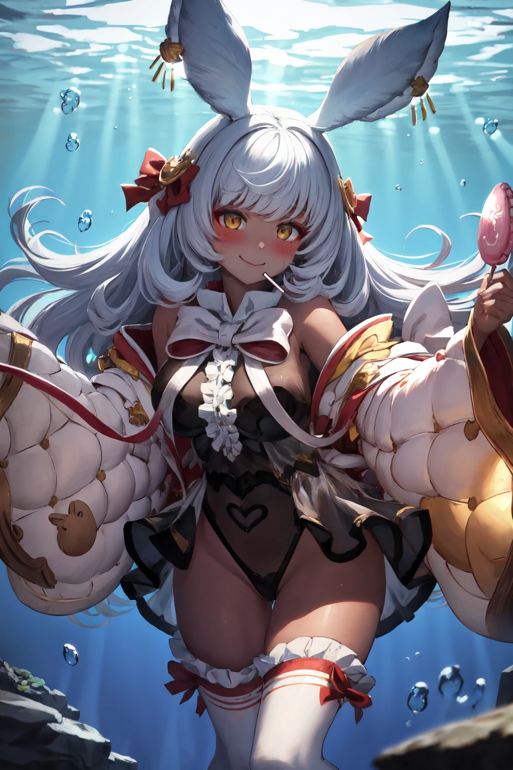 masterpiece, (detailed, highres, best quality), 1girl, <lora:spgbfMakura:1> makuradef, rabbit ears, hair bow, black leotard, frills, detached sleeves, white thighhighs, air bubble, bubble, candy, candy wrapper, food, lollipop, underwater, water, From above, blush, closed mouth, skirt hold, smile, solo, standing