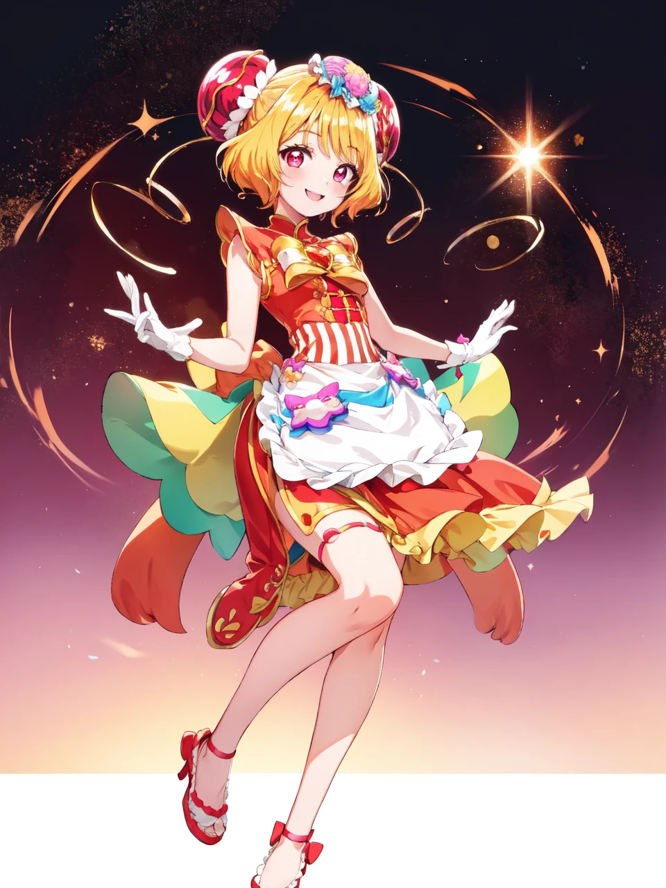 masterpiece, best quality, looking at viewer, depth of field, standing, full body,
1girl, <lora:locon_cure_yum-yum_01:0.9>, cure yum-yum, china dress, hair ornament, sleeveless, gloves, apron, brooch, shorts under skirt,
smile, ((gradient background)), lens flare,