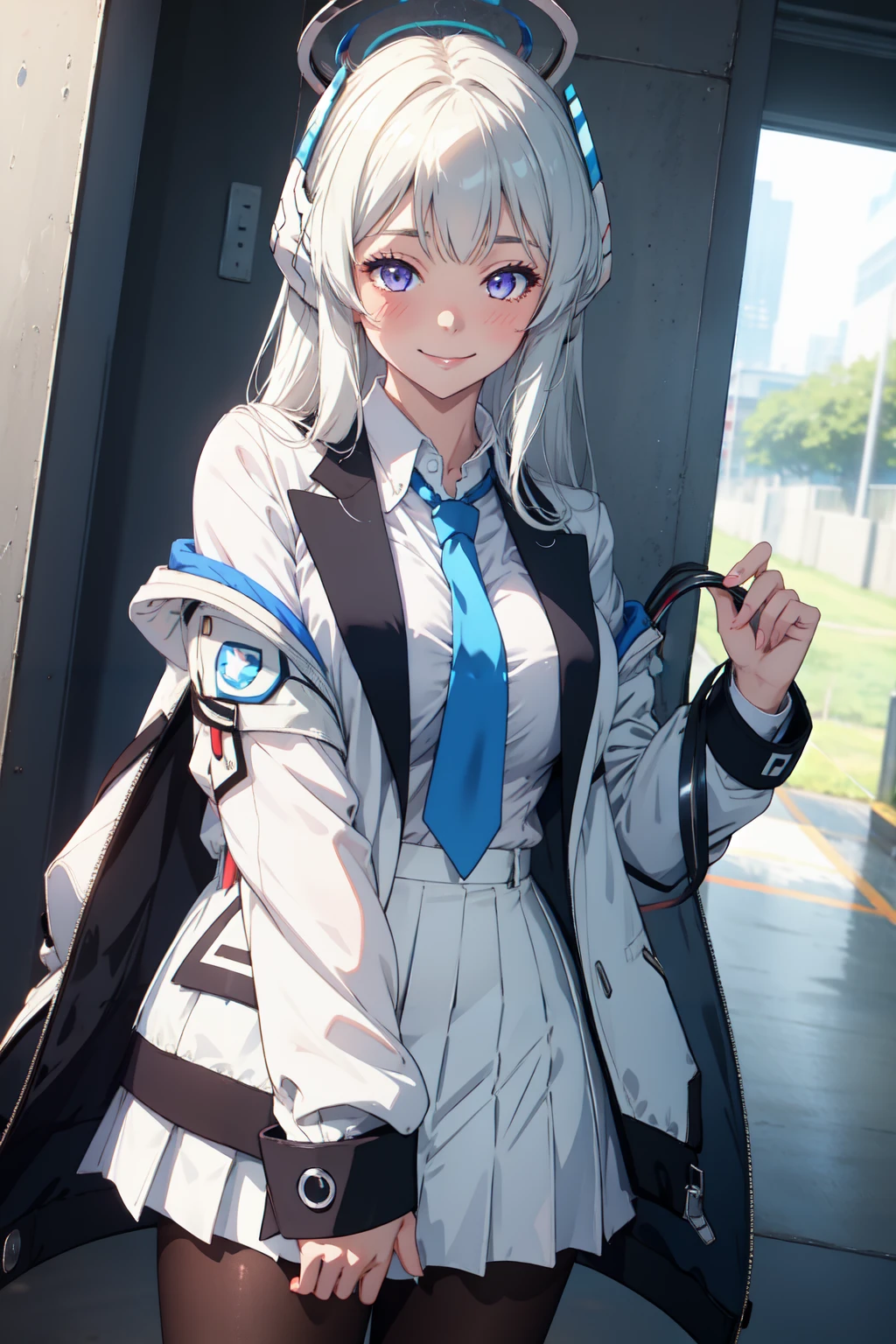 masterpiece, best quality, 1girl, <lora:NoaBA_996220:1>,n0asd, mechanical halo, white jacket, collared white shirt, white suit, blue necktie, two-sided fabric , white skirt, pantyhose, highheels, untucked shirt, smile, naughty face, light blush