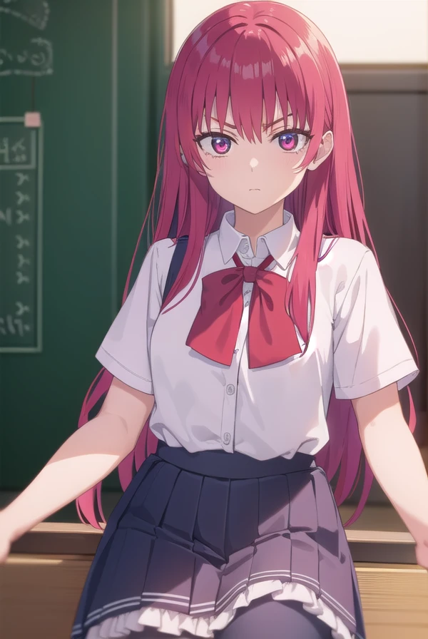 sakisaki, <lora:saki saki s2-lora-nochekaiser:1>,
saki saki, long hair, bangs, (red eyes:1.3), red hair,
BREAK skirt, shirt, bow, school uniform, white shirt, short sleeves, pleated skirt, bowtie, blue skirt,
BREAK indoors, classroom,
BREAK looking at viewer, (cowboy shot:1.5),
BREAK <lyco:GoodHands-beta2:1>, (masterpiece:1.2), best quality, high resolution, unity 8k wallpaper, (illustration:0.8), (beautiful detailed eyes:1.6), extremely detailed face, perfect lighting, extremely detailed CG, (perfect hands, perfect anatomy),