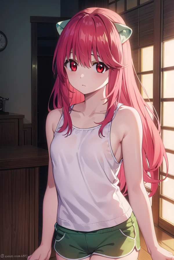 elfenliednyuu, <lora:elfen lied nyuu-lora-nochekaiser:1>,
nyuu, long hair, (red eyes:1.3), pink hair, horns, (small breasts:1.2),
BREAK shorts, tank top, (green shorts:1.5), white tank top,
BREAK indoors,
BREAK looking at viewer, (cowboy shot:1.5),
BREAK <lyco:GoodHands-beta2:1>, (masterpiece:1.2), best quality, high resolution, unity 8k wallpaper, (illustration:0.8), (beautiful detailed eyes:1.6), extremely detailed face, perfect lighting, extremely detailed CG, (perfect hands, perfect anatomy),