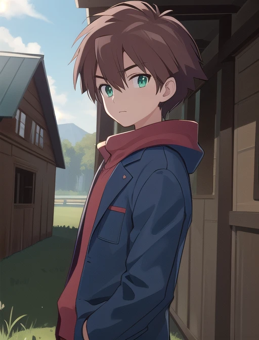 best quality, masterpiece, highres, detailed, digital illustration, <lora:Detail - add_detail:0.2>, HiroDigi, 1boy, brown hair, blue jacket, green eyes,  barn, stubborn, <lora:Character - HiroDigi:0.8>
