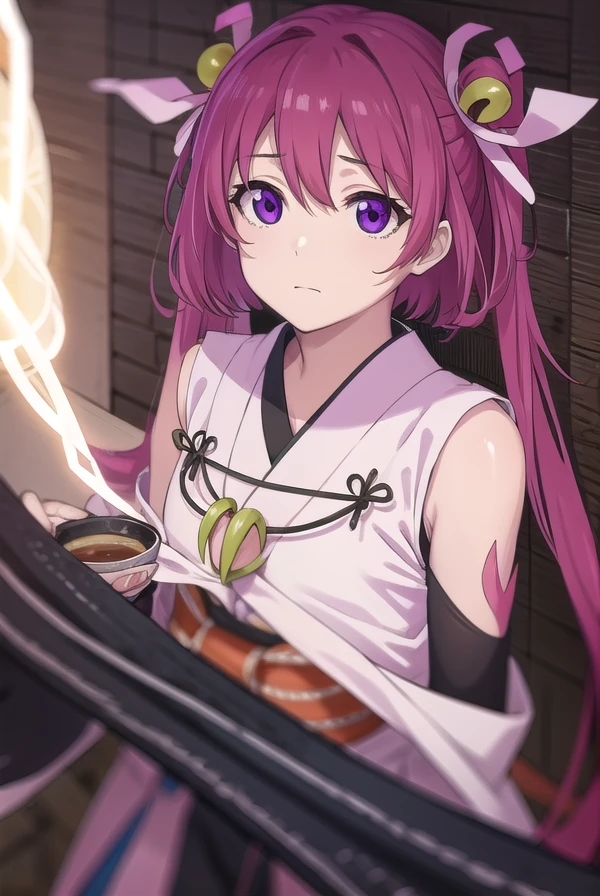 oomiyanomenokami, <lora:oomiyanome no kami s1-lora-nochekaiser:1>,
oomiyanome no kami, long hair, hair ornament, twintails, (purple eyes:1.1), purple hair, bell, hair bell,
BREAK skirt, detached sleeves, japanese clothes, necklace, miko, magatama,
BREAK outdoors, shrine,
BREAK looking at viewer, (cowboy shot:1.5),
BREAK <lyco:GoodHands-beta2:1>, (masterpiece:1.2), best quality, high resolution, unity 8k wallpaper, (illustration:0.8), (beautiful detailed eyes:1.6), extremely detailed face, perfect lighting, extremely detailed CG, (perfect hands, perfect anatomy),