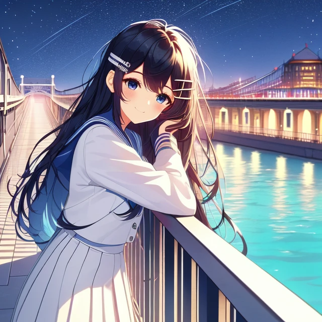 solo,  1girl,  14yo,  (((resting arms on railings of bridge))),  leaning,  outdoor corridor,  second floor,  hairclip absurdly longhair,  white uniform,  wind,  smile,  taiwan,  ((river)),  night,  starry sky,<lora:EMS-211125-EMS:1.000000>