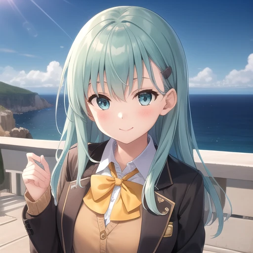 ((masterpiece)),(best quality),official art,extremely detailed CG,unity 8k wallpaper,ultra detailed,A lighthouse on a cliff by the sea,1girl,solo,upper body,(portrait:1.2),long_hair,brown_thighhighs,hairclip,hair_ornament,school_uniform,pleated_skirt,brown_skirt,cardigan,aqua_hair,aqua_eyes,brown_jacket,loafers,looking_at_viewer,black_footwear,bowtie,smile,frilled_skirt,ascot,<lora:Suzuya(kan)>,