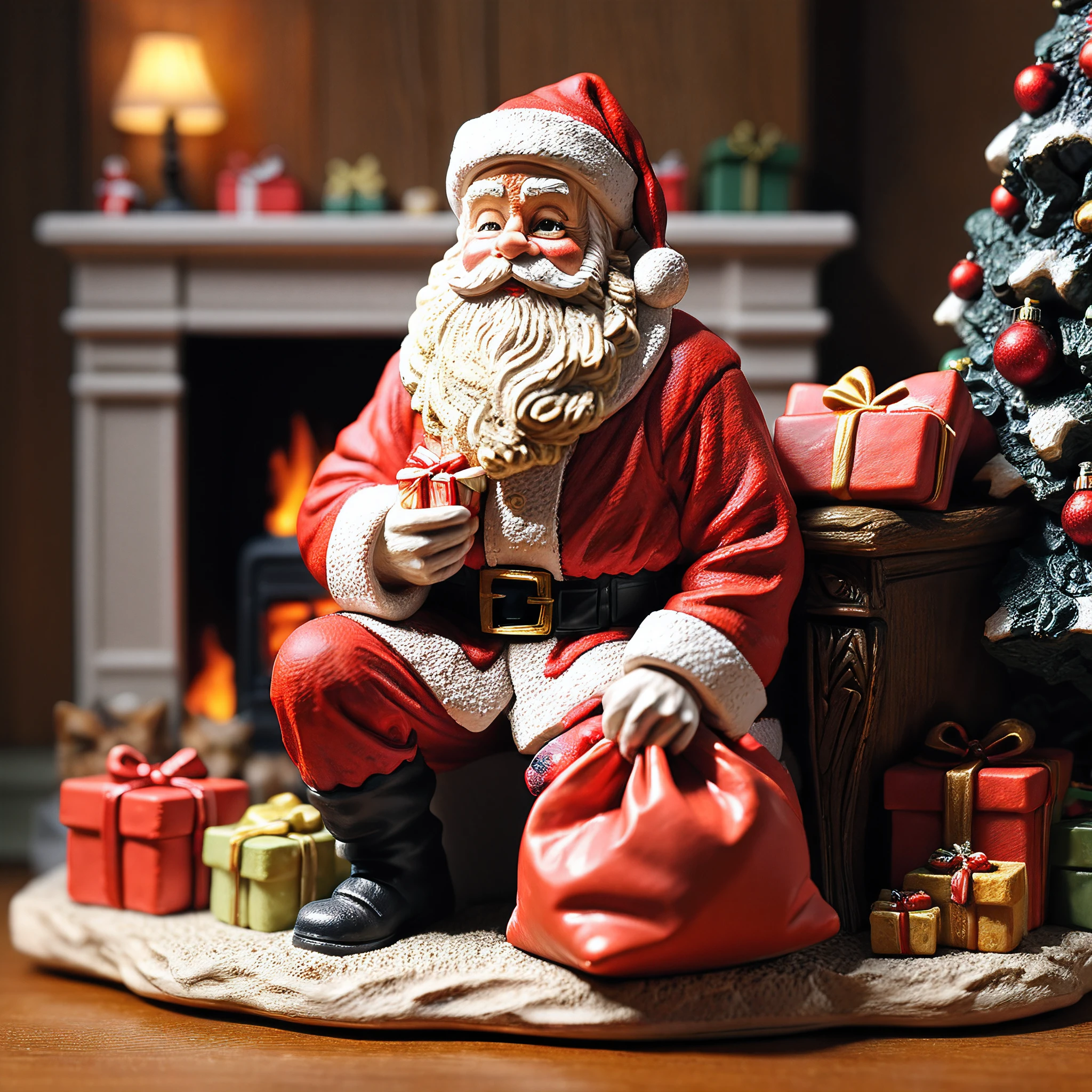 <lora:M1n14tur3_XL-000002:0.9>,photo of (M1n14tur3:1.1) ceramic sculpture of Santa Claus,(standing in the living room:1.3),placing presents under the christmas tree,large red open bag of presents,with fireplace,end table with milk and cookies,cat sleeping on couch,(indoor:1.4),photo realistic,ornate,studio photograph,sitting on a wooden counter with a black cloth background,bokeh,tilt shift,super detailed,intricate,dramatic,shadows,beautiful,insane details,hyperdetailed,8k wallpaper,uhd,hdr,high contrast,