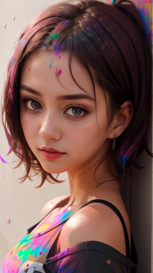 (masterpiece, best quality, high resolution), Beautiful Nose, perfect eyes, perfect face, beautiful body, alluring, wallpaper, perfect lighting, Colorful,ultra highres, photography, 8K, HDR, detailed, 1 girl, simple background
<lora:Holyfestpaint_on_body_By_COILHbILLIKO:0.8> 1 girl, T-shirt, skirt, black pantyhose, small chest, holi paint