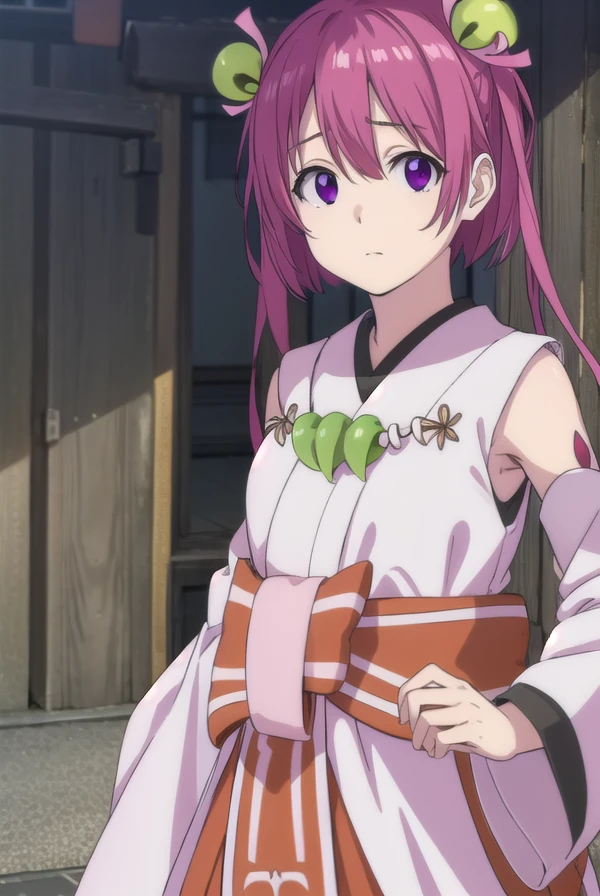 oomiyanomenokami, <lora:oomiyanome no kami s1-lora-nochekaiser:1>,
oomiyanome no kami, long hair, hair ornament, twintails, (purple eyes:1.1), purple hair, bell, hair bell,
BREAK skirt, detached sleeves, japanese clothes, necklace, miko, magatama,
BREAK outdoors, shrine,
BREAK looking at viewer, (cowboy shot:1.5),
BREAK <lyco:GoodHands-beta2:1>, (masterpiece:1.2), best quality, high resolution, unity 8k wallpaper, (illustration:0.8), (beautiful detailed eyes:1.6), extremely detailed face, perfect lighting, extremely detailed CG, (perfect hands, perfect anatomy),