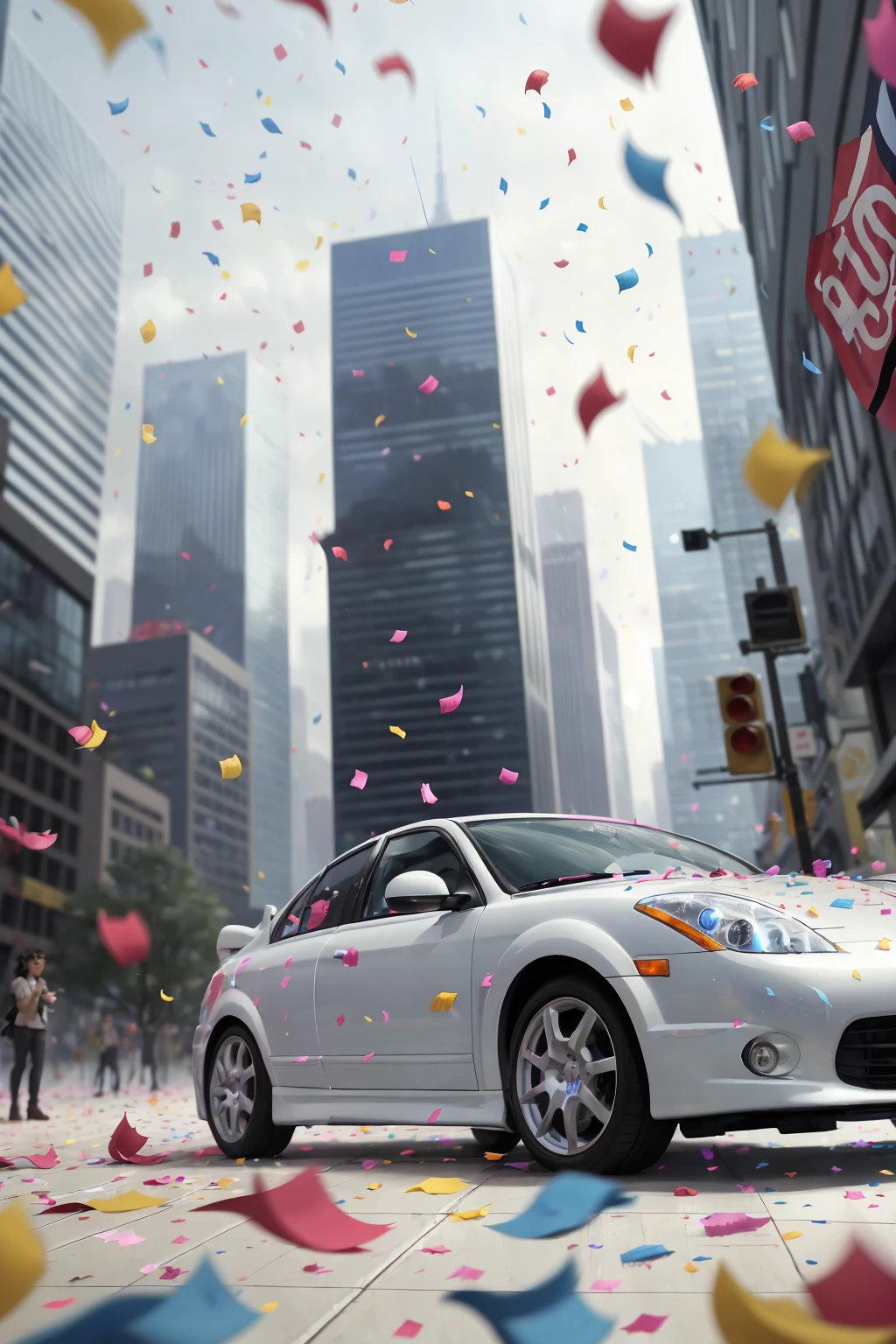 (Style-BlurFore:1.4) zrpgstyle, from below, action, car driving down a crowded city street, (confetti in the air and in the foreground:1.3), skyscrapers in the background, (masterpiece) (best quality) (detailed) (intricate)