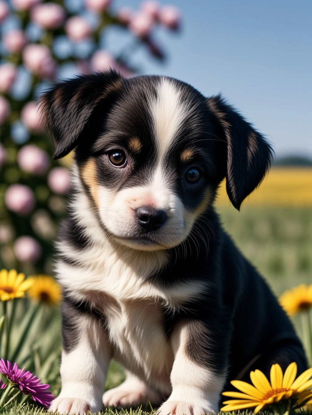 a photo of a cute little puppy surrounded by beautiful flowers in a meadow, extremely detailed fur,(close up:1.1)