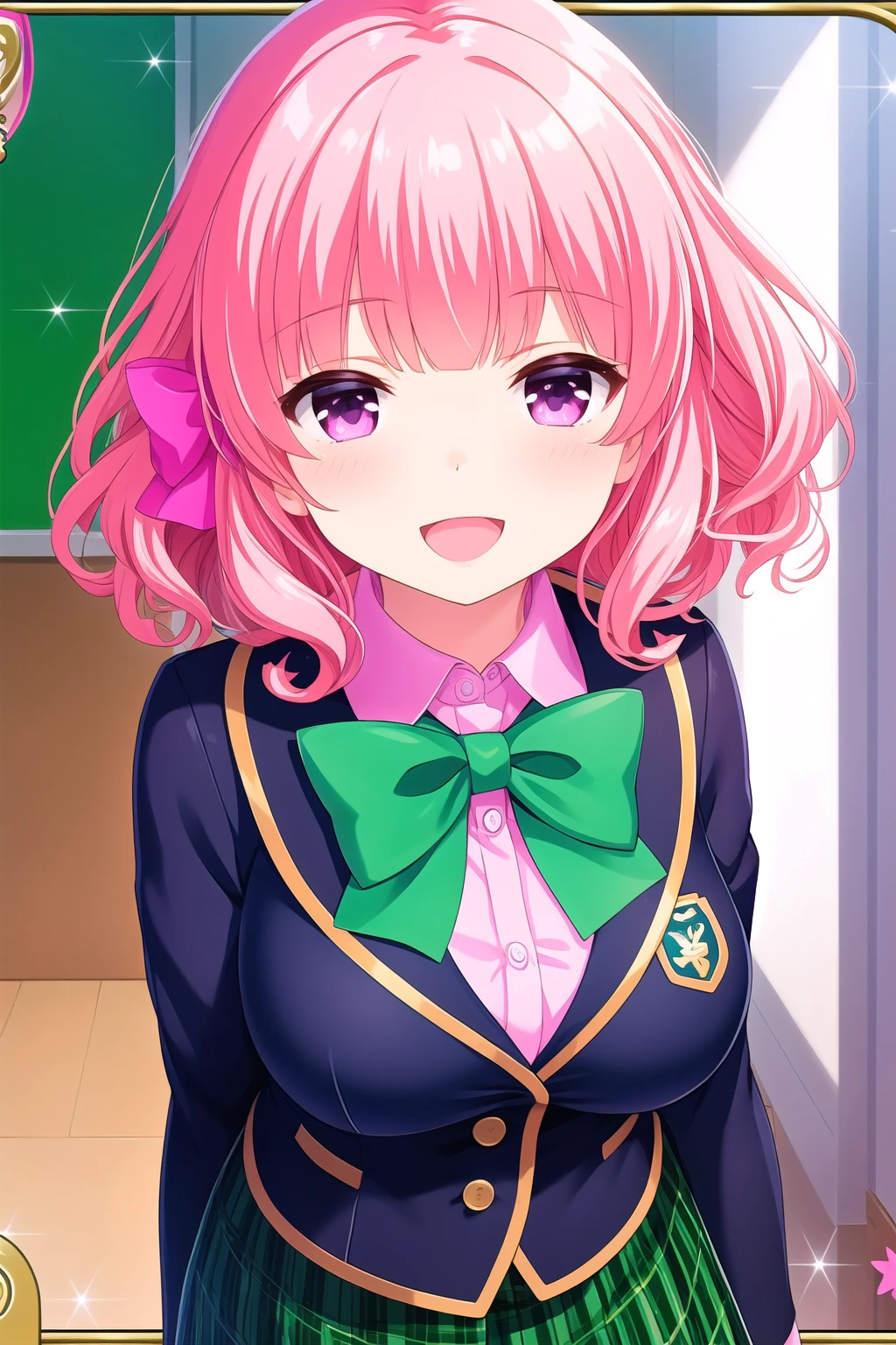 (masterpiece, best quality), highly detailed background, perfect lightingbest quality, nittamoeka, solo, pink hair, hair bow, pink bow, curly hair, short hair, purple eyes, pink eyes, breasts, blue jacket, blazer, pink shirt, green bowtie, <lora:GoodHands-vanilla:1>, green skirt, plaid skirt, school uniform, smile, open mouth, pink lips, <lora:Nitta-Moeka:0.7>