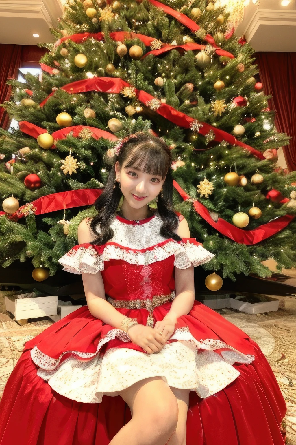masterpiece,beautiful,extremely detailed,finely detailed,exquisite,(ultra high res),(8k UHD best quality), (realistic, photo-realistic:1.37), depth_of,blurry_background, photo_inset,Dramatic lighting,reference_inset,photo_background,photorealistic,looking_at_viewer,1girl,detailed skin,shiny skin,smile,romantic hotel lobby,christmas tree behind,(((upper body))),(((dress))),ouka <lora:ouka suenaga:1>