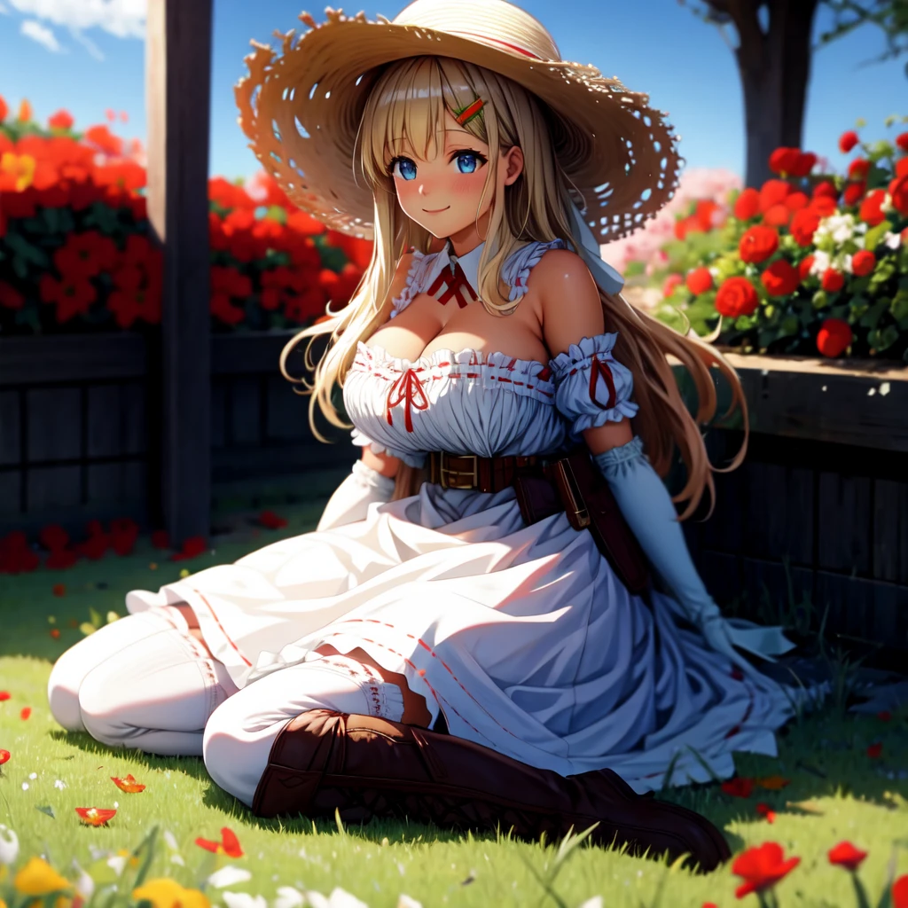 masterpiece, higres, best quality, outdoors, garden, red flowers, vegetables around, grass, sunny, sitting, side view, smile, Yomi, long hair, blue eyes, blonde hair, large breasts, hair ornament, white gloves, straw hat, white dress, bare shoulders, frills, cleavage, white thighhighs, boots, hairclip, belt, white gloves, elbow gloves, detached collar, apron, brown footwear, lace-up boots, boots, knee boots, <lora:more_details:0.4> <lora:Yomi3_lora-05:0.8>