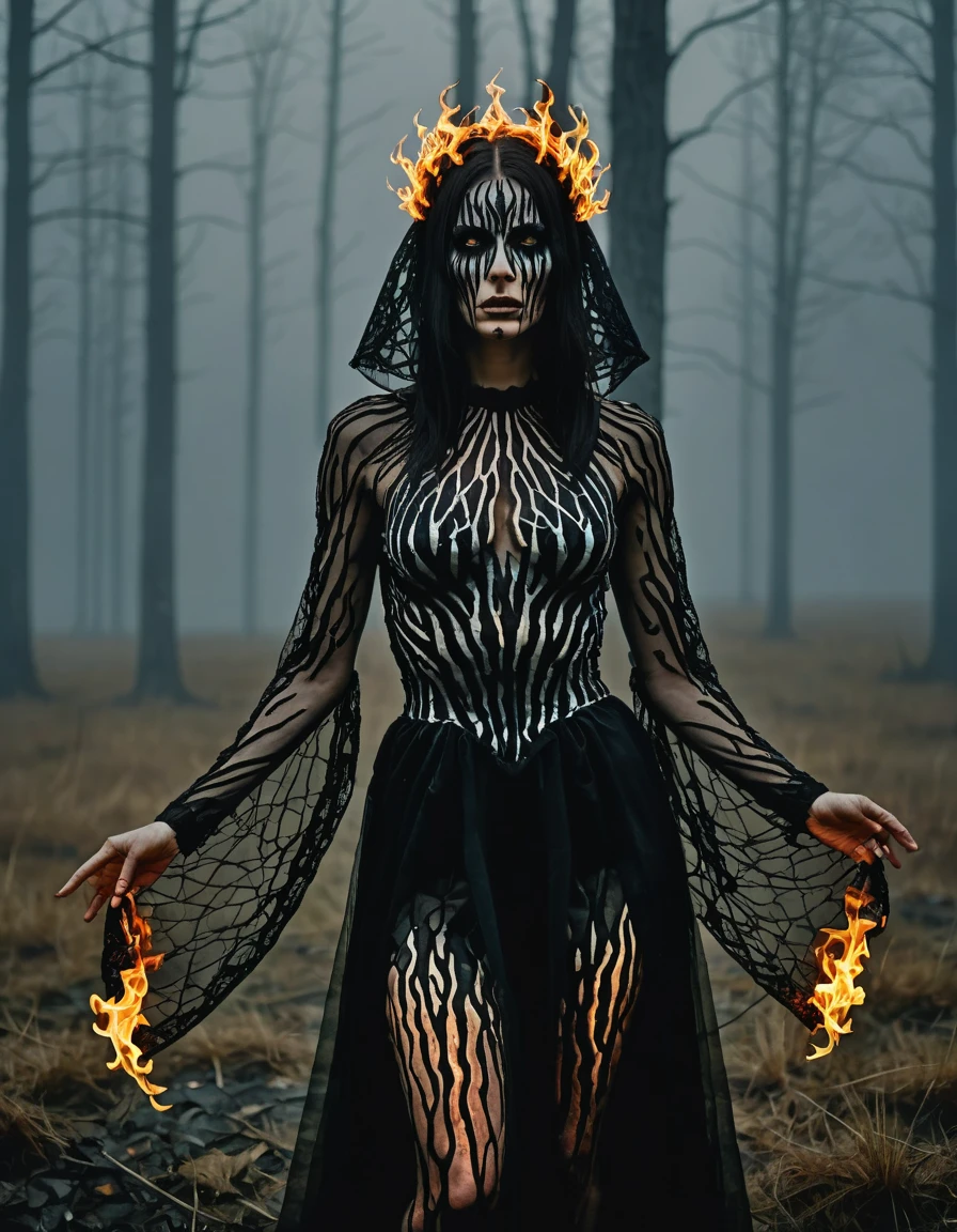 dark fantasy, photo portrait of a woman in bioluminescent dress that has the patterns of burning fire, standing in a foggy field, liminal lighting, dslr, detailed quality, face covered by dark veil