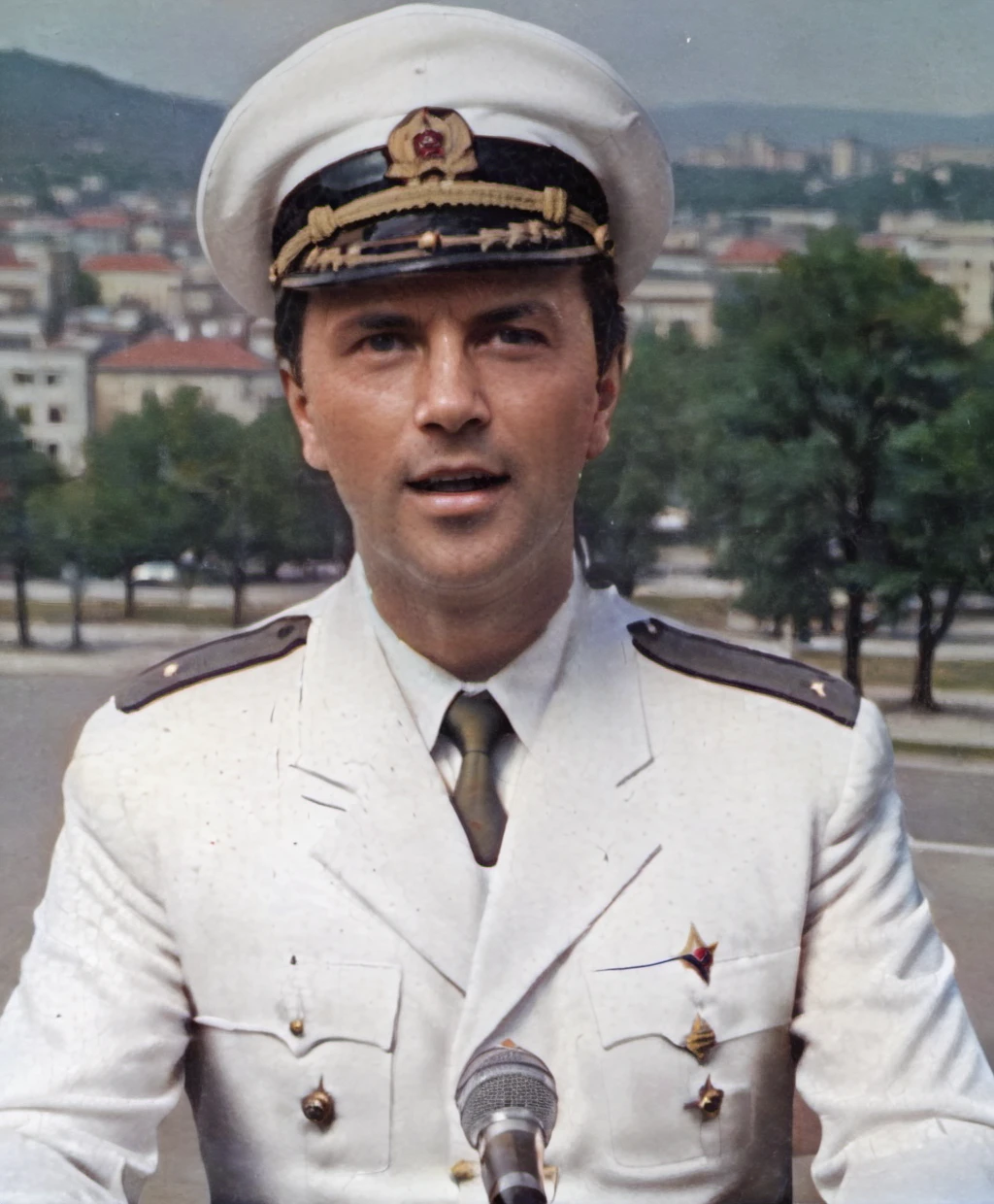full length photo of valery sablin addressing the nation in a podium with microphone stand, white military uniform and cap, outdoors in russia, <lora:Valery_Sablin_Lora_XL_v2:1>