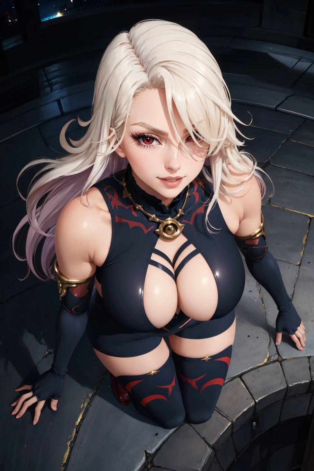 masterpiece, best quality,   <lora:sdslillia-nvwls-v1-000009:0.9> sdslillia, red eyes, hair over one eye, black leotard, cleavage cutout, elbow gloves, black thighhighs, huge breasts, from above, smile, furrowed brow, night, gothic architecture