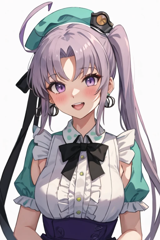 best quality, masterpiece, highres, solo, {akitsushima_kantaicollection:1.15}, long_hair, side_ponytail, purple_eyes, ahoge, grey_hair, hat, sidelocks, open_mouth, jewelry, purple_hair, earrings, breasts, blush, smile, ribbon, hair_ribbon, hair_ornament, 1girl, looking_at_viewer, shirt, white_background, alternate_costume, artist_logo, dated, simple_background, upper_teeth_only, white_shirt, frilled_shirt, frills, gloves, one-hour_drawing_challenge, round_teeth, teeth, twintails, upper_body, white_gloves