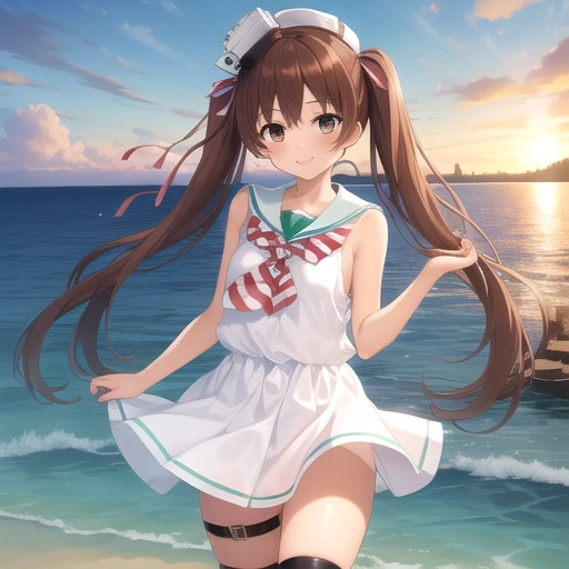 ((masterpiece)),(best quality),official art,extremely detailed CG,unity 8k wallpaper,ultra detailed,A lighthouse on a cliff by the sea,1girl,solo,cowboy shot,twintails,dark_skin,tan,brown_hair,long_hair,sailor_dress,smile,brown_eyes,sleeveless,hat,striped,looking_at_viewer,high heels,thigh strap,<lora:Libeccio(kan)>,