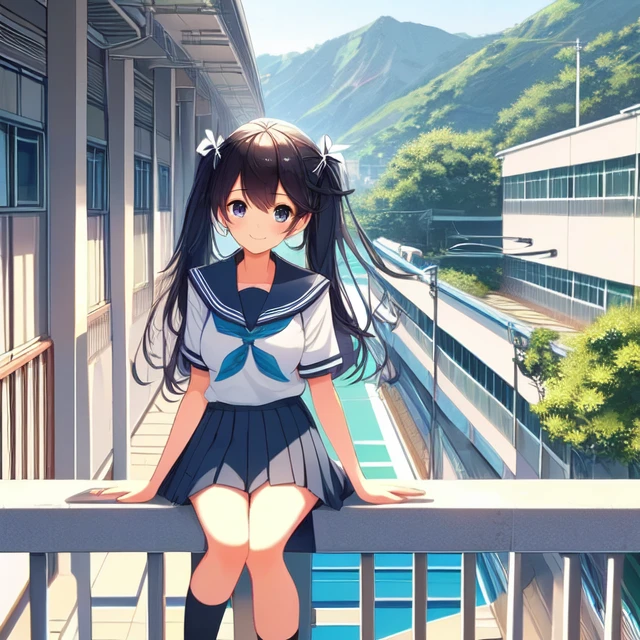 solo,  1girl,  14yo,  (((sitting on school railings))),  outdoor corridor,  second floor,  twintail,  school uniform,  wind,  smile,  taiwan,  School railings,  sea,<lora:EMS-211125-EMS:1.000000>