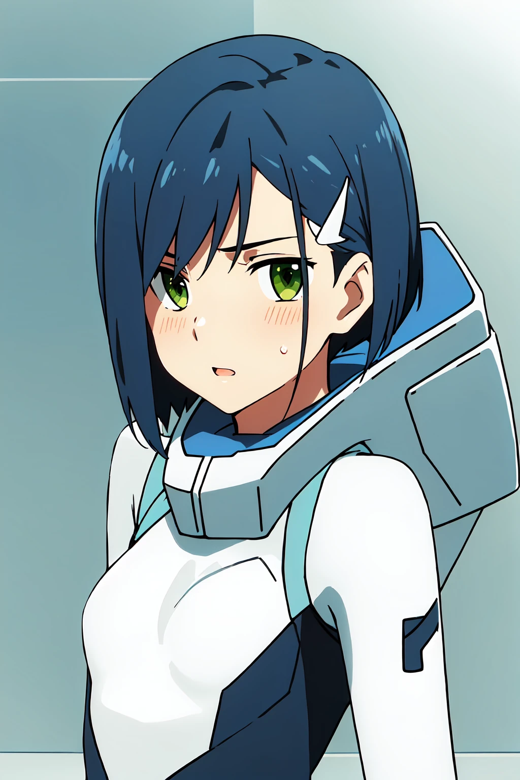 ((best quality)),((highly detailed)),masterpiece,absurdres,detailed face,beautiful face,((detailed eyes, deep eyes)),(1girl),((dynamic pose)), <lora:IchigoV1:0.75>Ichigo, 1girl, solo, green eyes, short hair, blue hair, pilot suit, hairclip, bodysuit, hair ornament, white bodysuit, looking at viewer, upper body, open mouth, bangs, sweatdrop, bare shoulders, parted lips, small breasts,