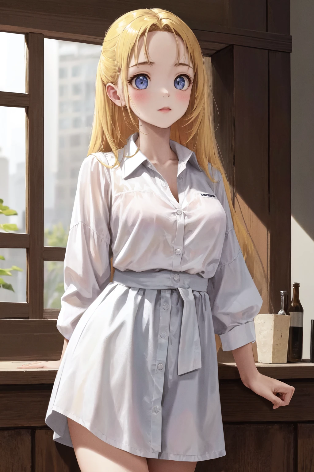 masterpiece, best quality, highres, 1girl <lora:gekai_elise_no_outfit:1> white shirt