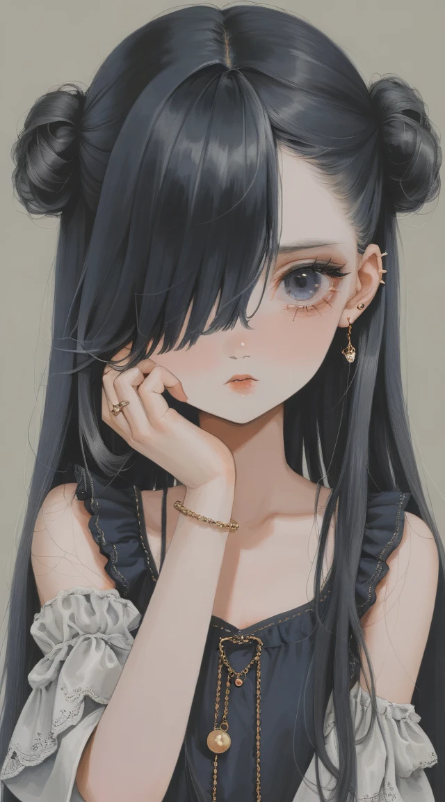 best quality, aesthetic, detailed, by yogisya, young girl, "4 letter word here", 1girl, solo, long hair, black hair, hair over one eye, piercing, hand on own face, frown