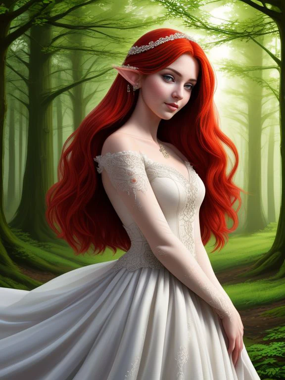 A fantasy scene depicting a redhead elf in a wedding dress. The elf has long, flowing red hair and pointed ears, characteristic of elven fantasy creatures. She is wearing an elegant, intricately designed wedding dress, featuring delicate lace and shimmering fabrics. The dress is full-length, with a flowing train and ornate detailing. The background is a mystical forest setting, with tall, ancient trees and soft, magical lighting filtering through the leaves. The elf's expression is one of joy and anticipation, capturing a moment of enchantment and celebration.