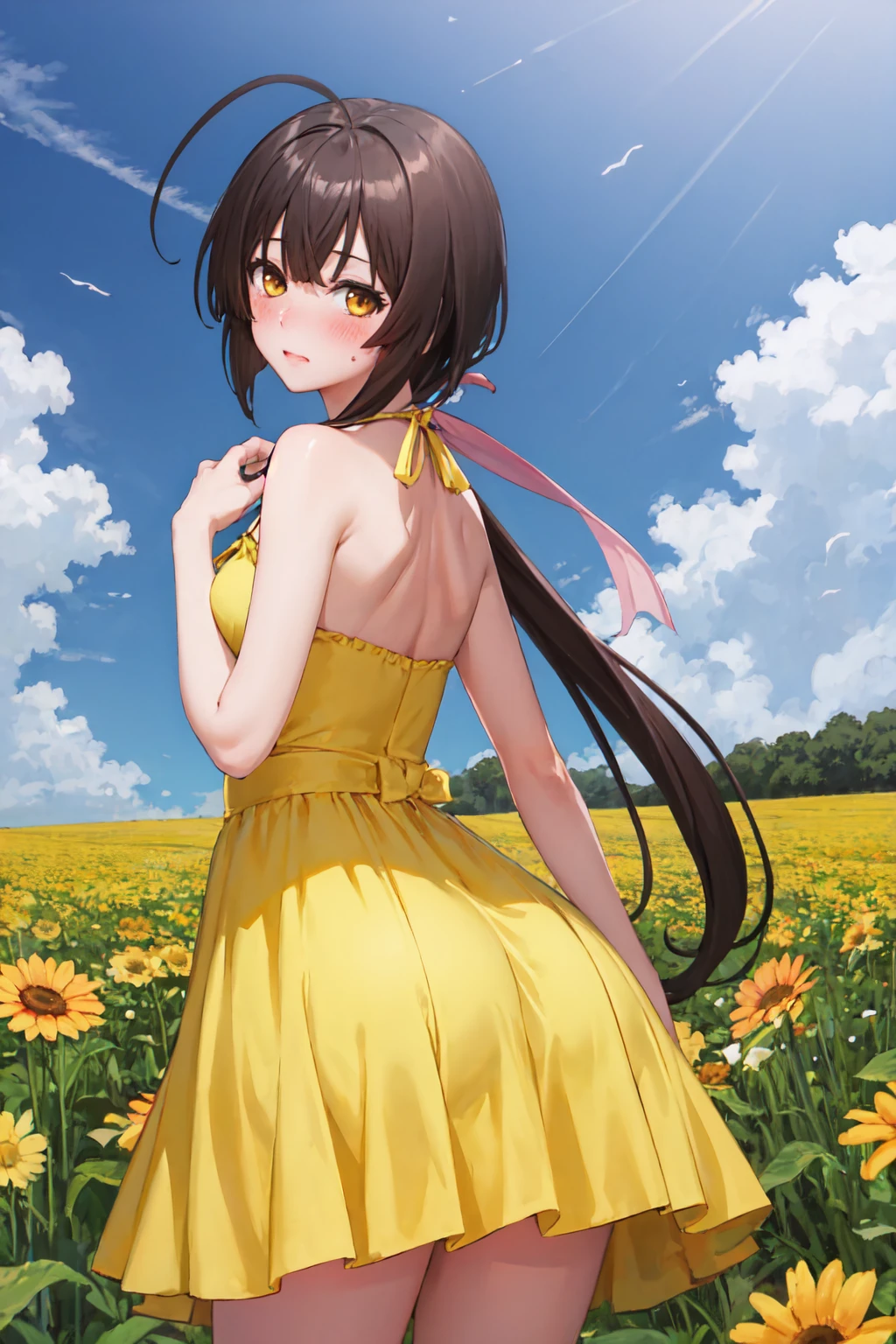 (masterpiece, best quality:1.2), solo, 1girl, musubi, blush, embarrassed, looking back, ahoge, ponytail, (yellow sundress:1.1), flower field <lora:sekirei_musubi-10:1>
